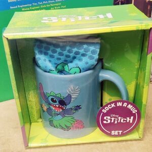 Gift Set! Disney Stitch Socks In A Mug 17 oz & Blue Stitch Crew Socks NEW